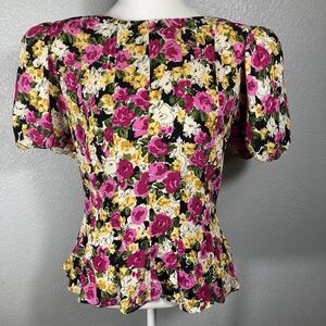 Albert Nipon Vintage Silk Floral Print Blouse PM Cottagecore Puff Sleeve Ruffle
